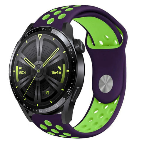 Silicone Sport Strap, purple/green, on a watch, 3/4 front view