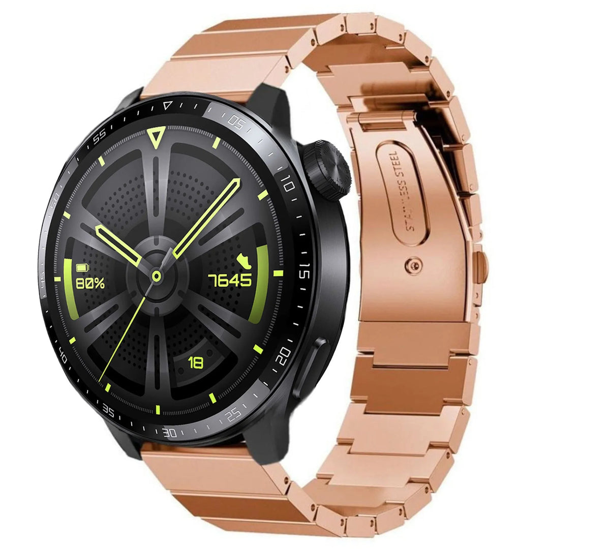 Premium Metal Strap, rose gold, on a watch, 3/4 front view