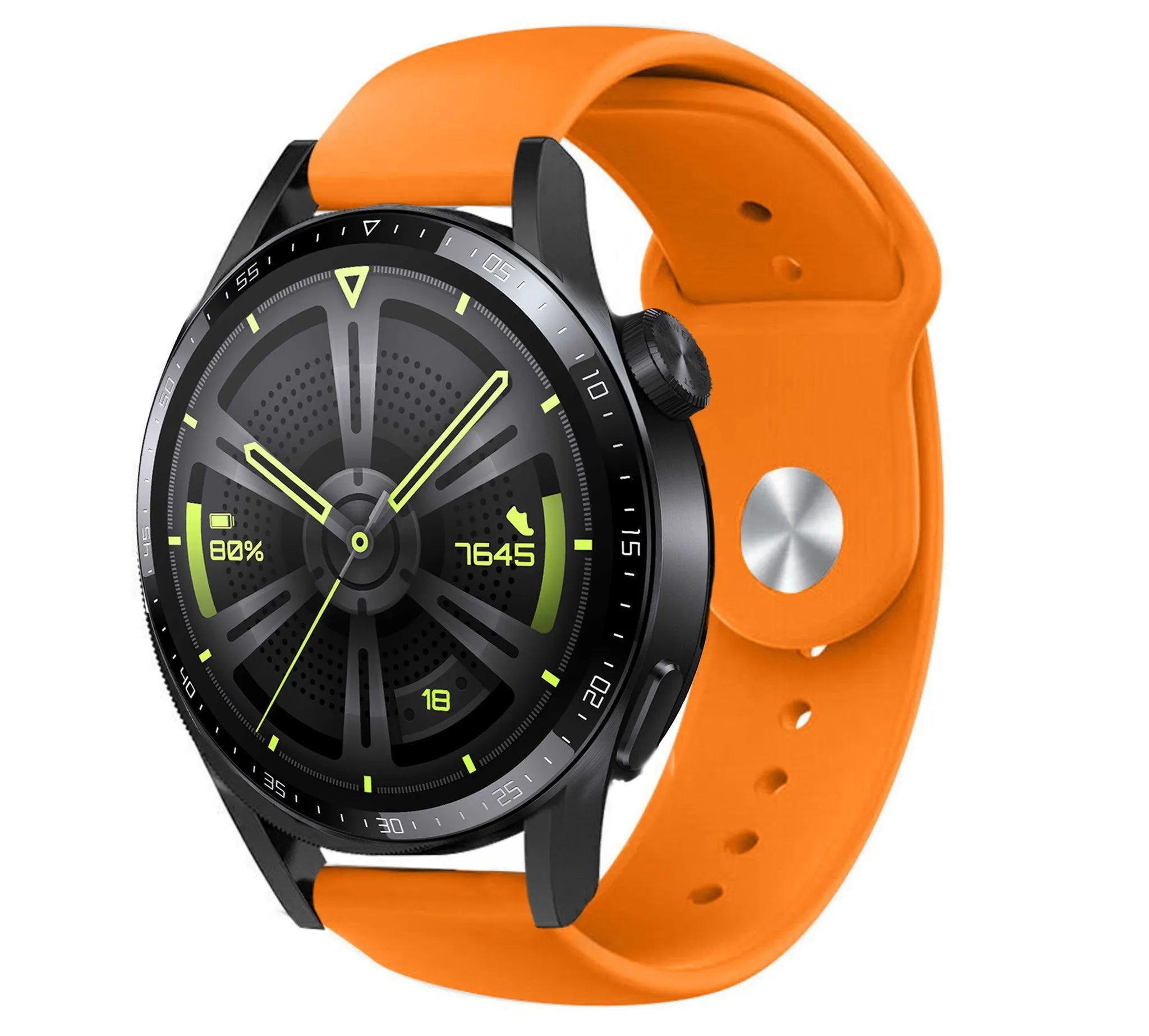 Silicone Sport Strap, orange, on a watch, 3/4 front view