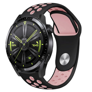 Silicone Sport Strap, black/pink, on a watch, 3/4 front view