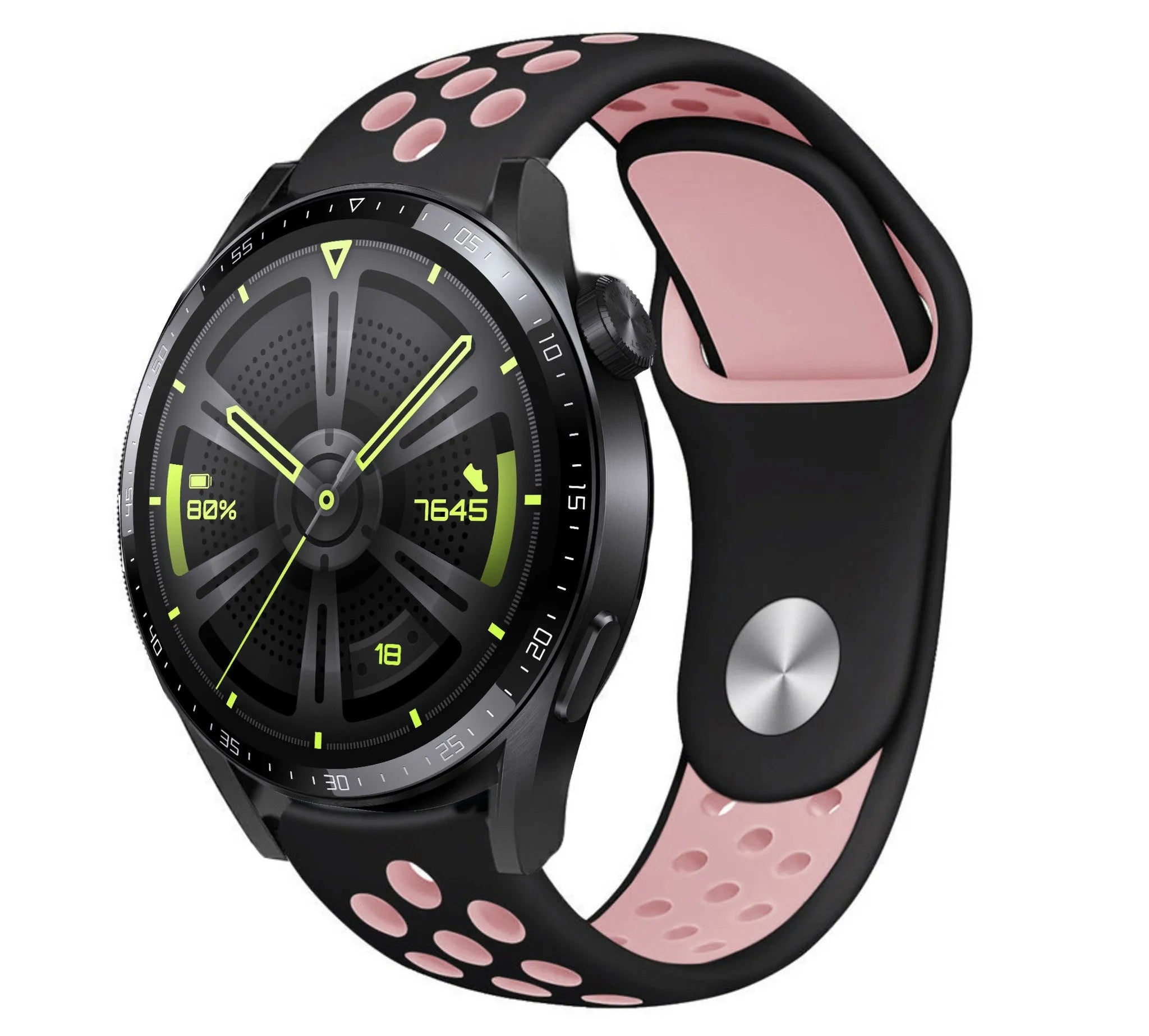 Silicone Sport Strap, black/pink, on a watch, 3/4 front view