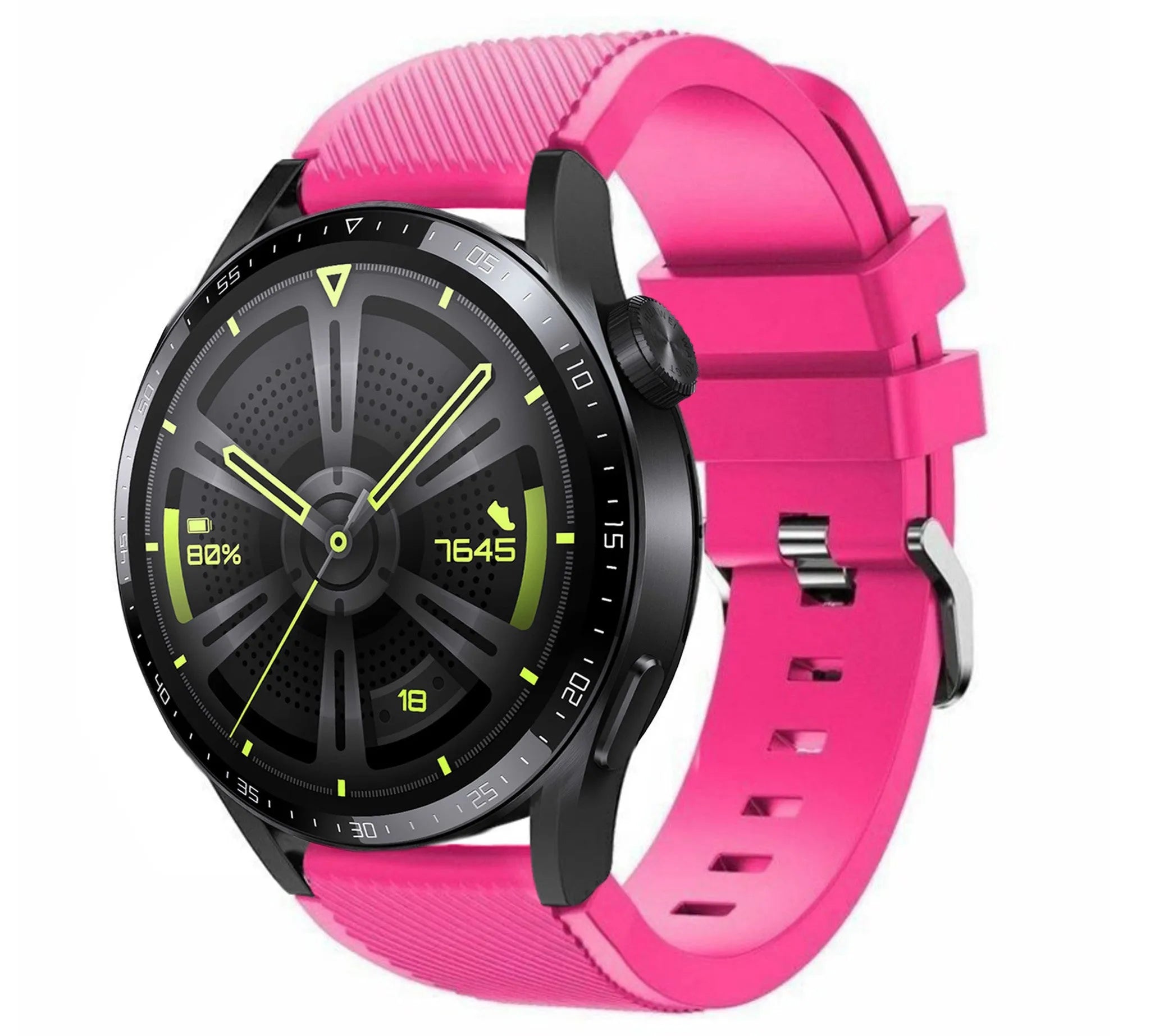 Twill Silicone Strap, bright pink, on a watch, 3/4 front view