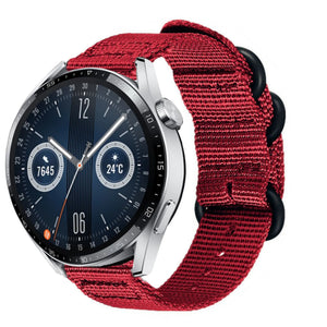 Nylon Buckle Strap, red, on a watch, 3/4 front view