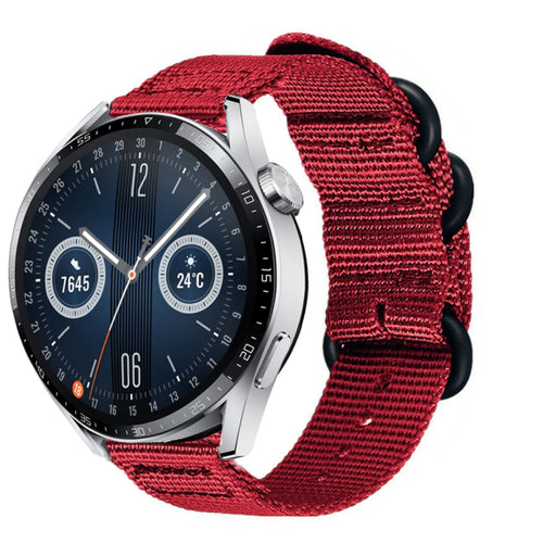 Nylon Buckle Strap, red, on a watch, 3/4 front view