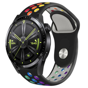 Silicone Sport Strap, black/colourful, on a watch, 3/4 front view
