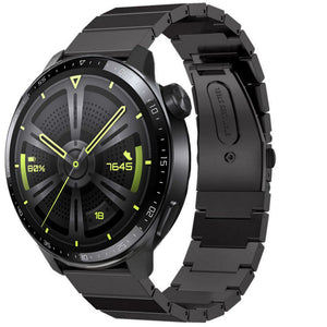 Premium Metal Strap, black, on a watch, 3/4 front view