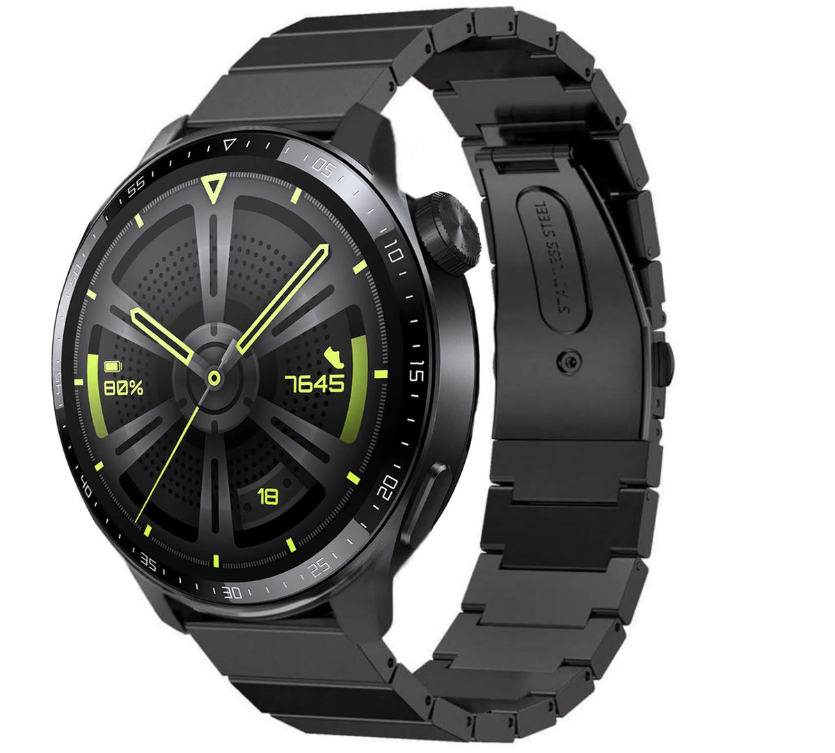 Premium Metal Strap, black, on a watch, 3/4 front view