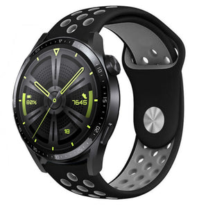 Silicone Sport Strap, black/grey, on a watch, 3/4 front view