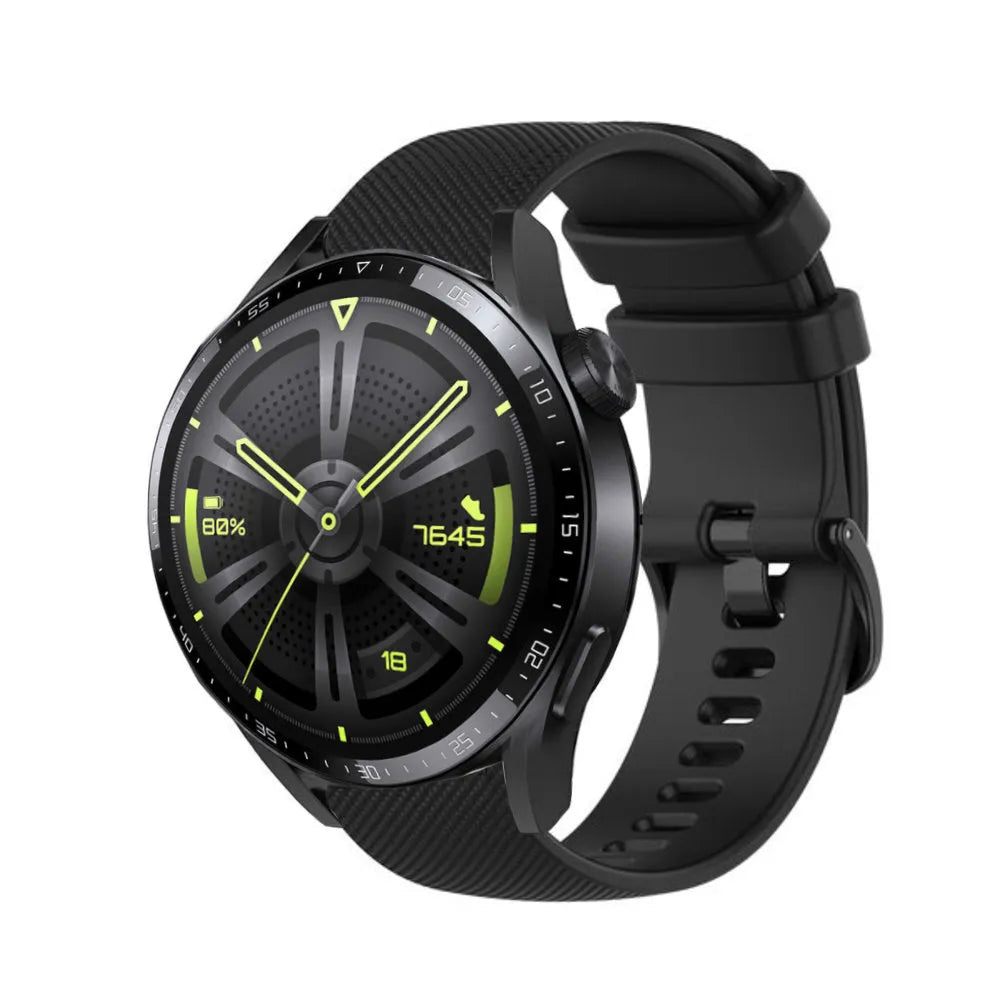 Premium Silicone Strap, black, on a watch, 3/4 front view