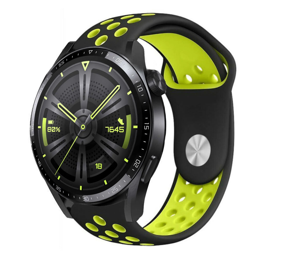 Silicone Sport Strap, black/yellow, on a watch, 3/4 front view