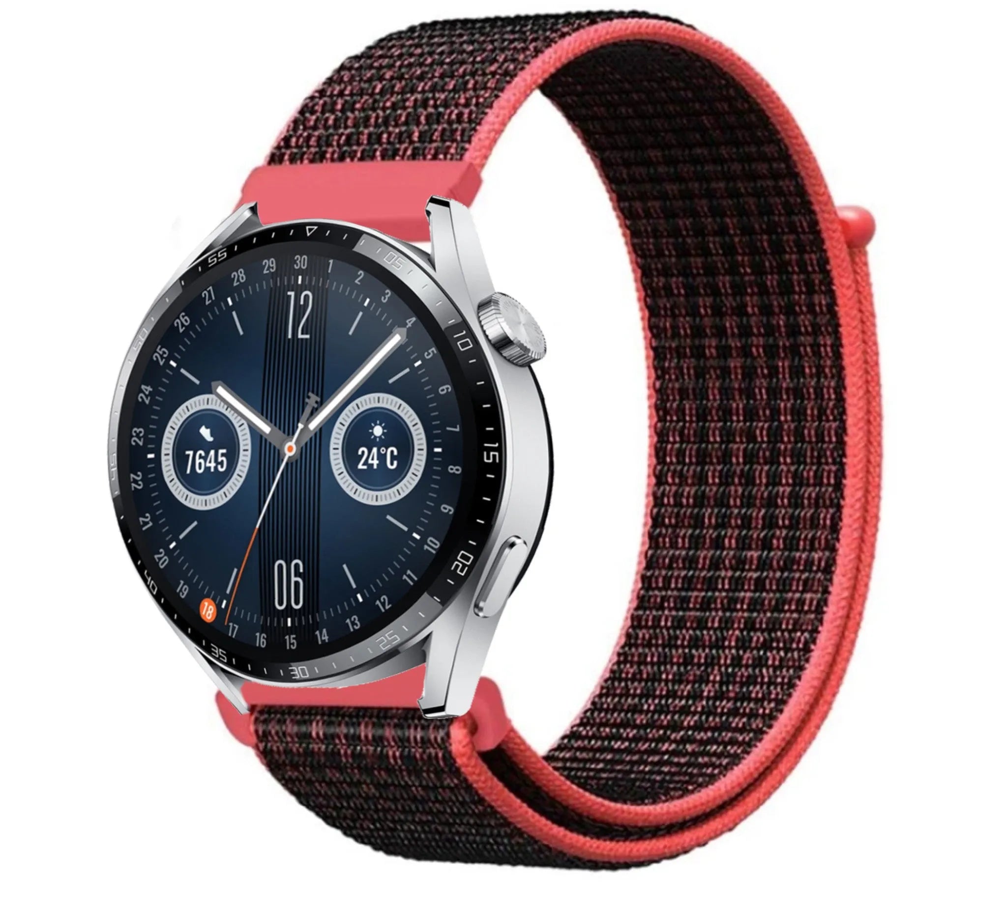 Nylon Strap, black/coral, on a watch, 3/4 front view