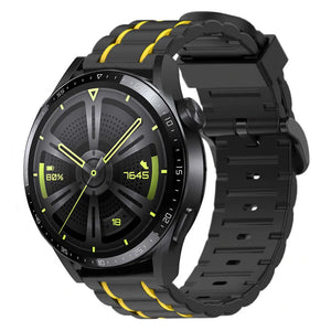 Silicone Sport Strap with Buckle, black/yellow, on a watch, 3/4 front view