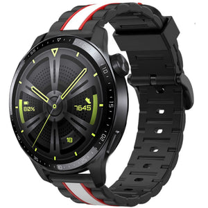 Silicone Special Edition Strap, black/white, on a watch, 3/4 front view