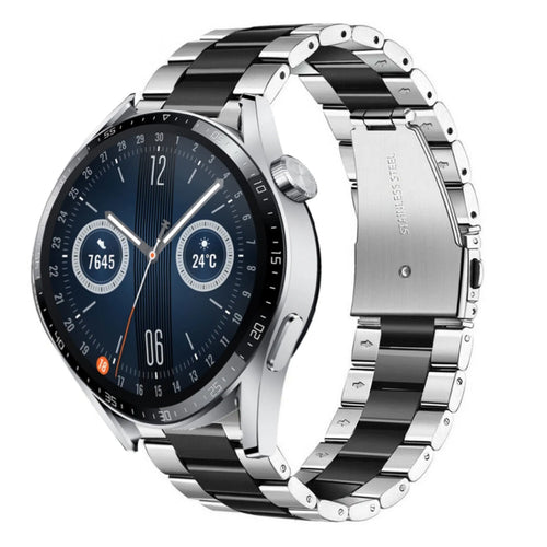 Steel Strap, silver/black, on a watch, 3/4 front view