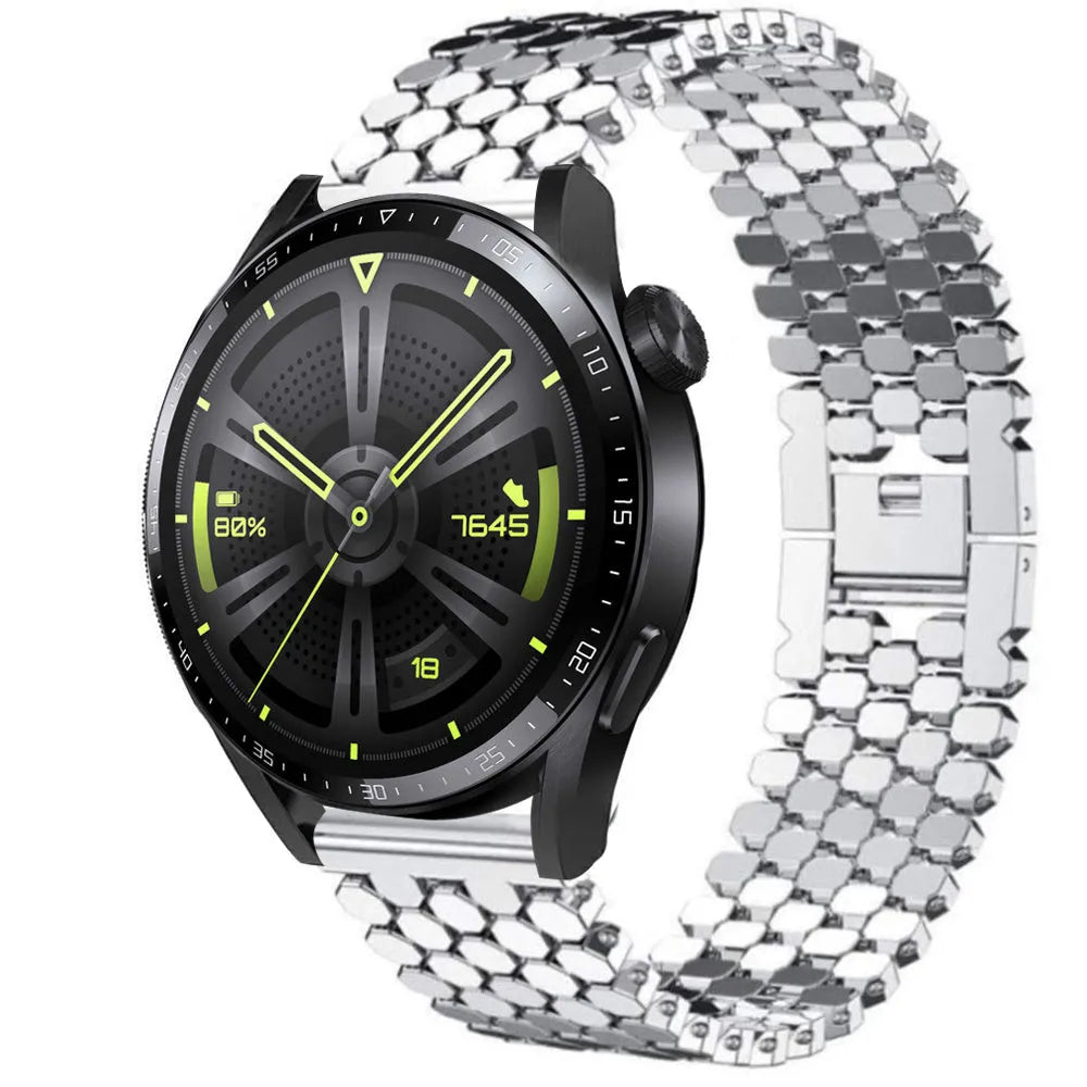 Steel Strap Hexagons, silver, on a watch, 3/4 front view