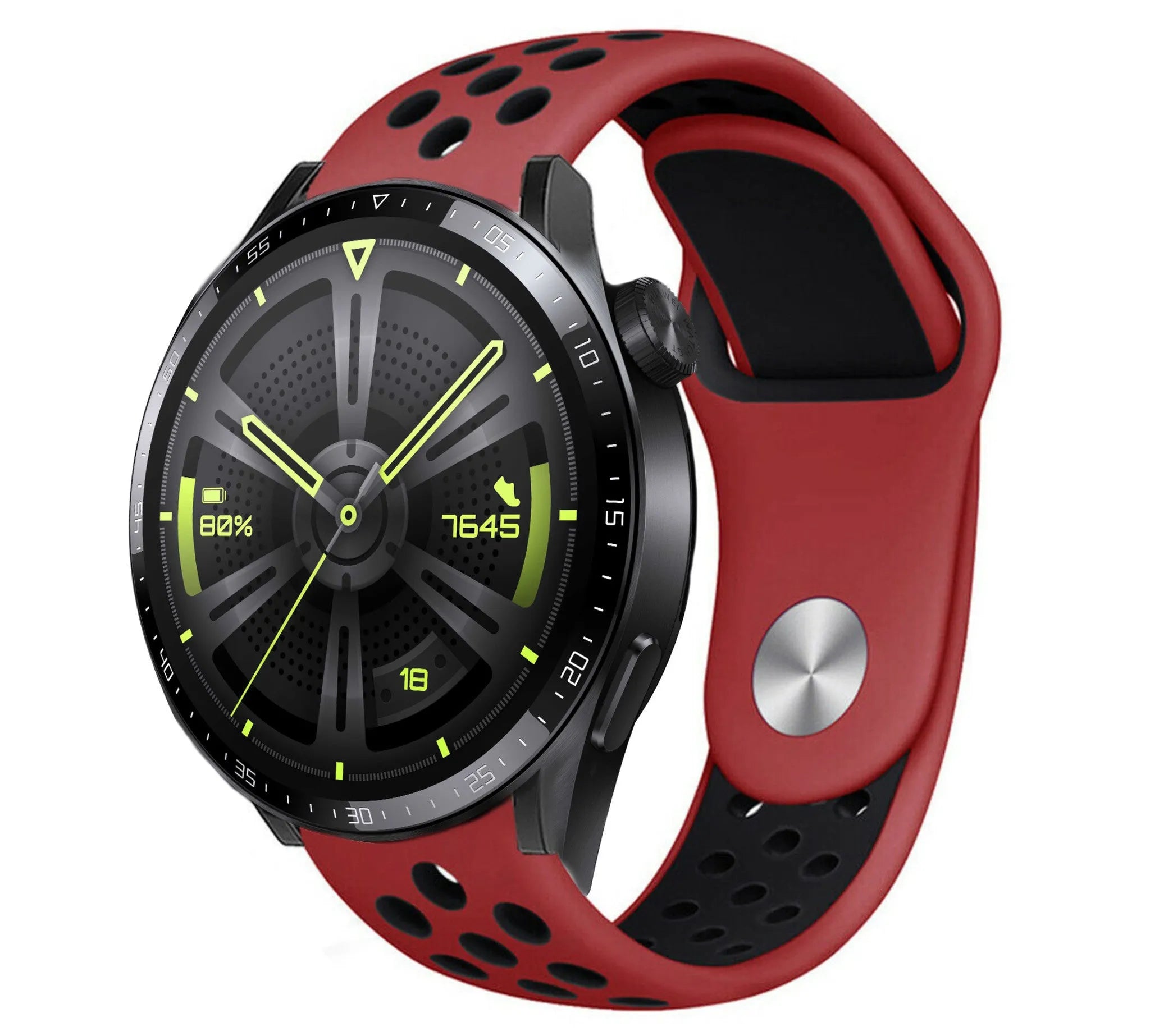 Silicone Sport Strap, red/black, on a watch, 3/4 front view
