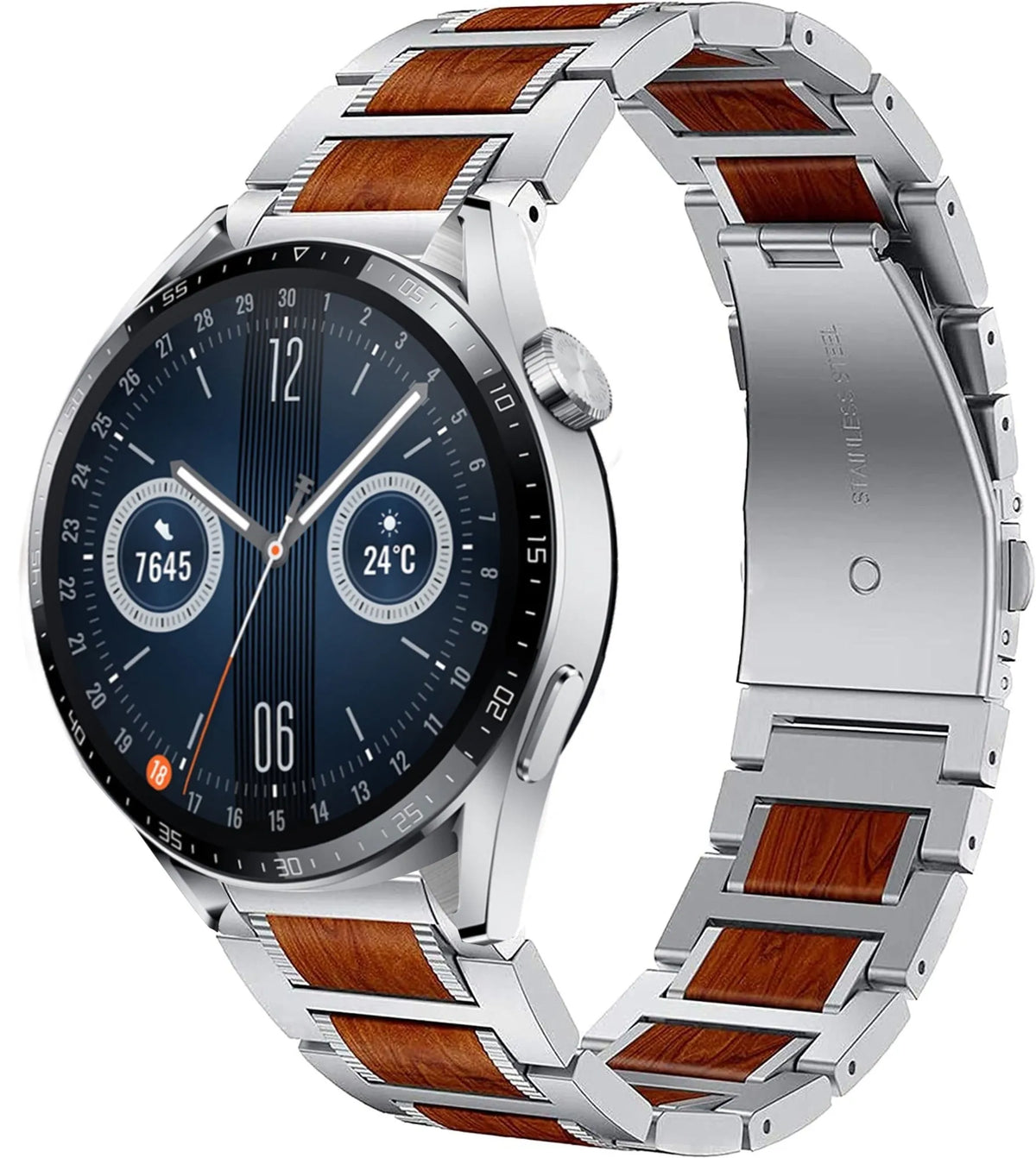 Wood Steel Strap, silver, on a watch, 3/4 front view
