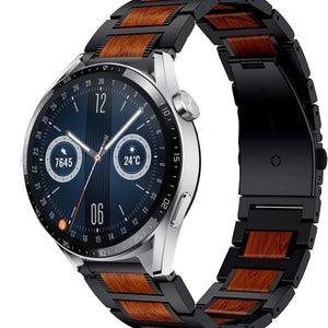 Wood Steel Strap, black, on a watch, 3/4 front view