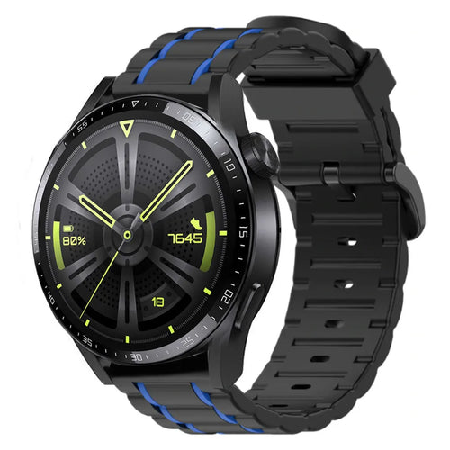 Silicone Sport Strap with Buckle, black/blue, on a watch, 3/4 front view