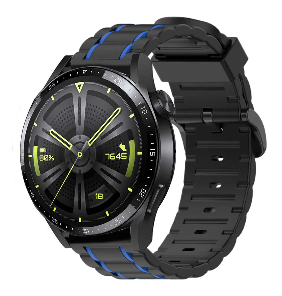 Silicone Sport Strap with Buckle, black/blue, on a watch, 3/4 front view