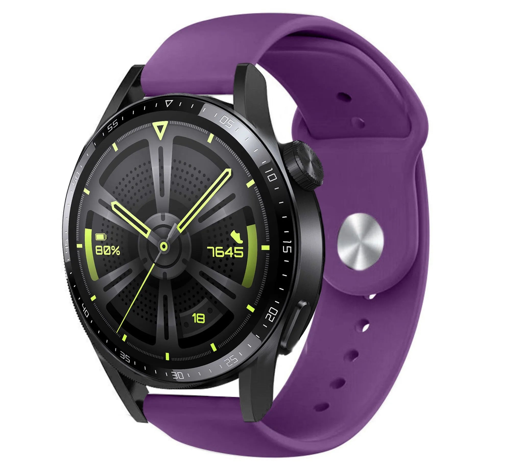 Silicone Sport Strap, purple, on a watch, 3/4 front view