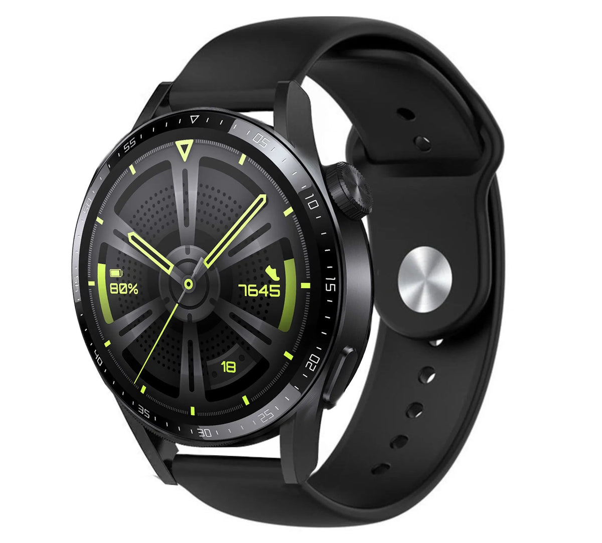 Silicone Sport Strap, black, on a watch, 3/4 front view