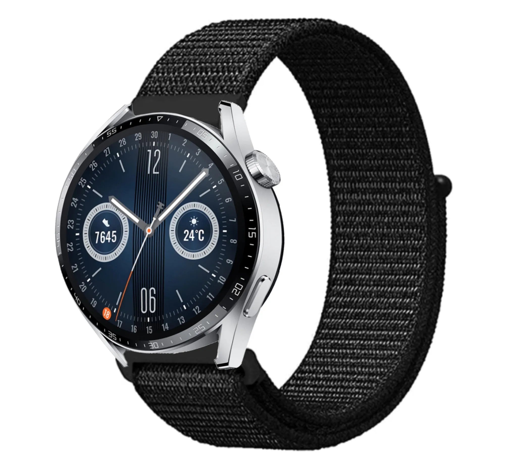 Nylon Strap, black, on a watch, 3/4 front view