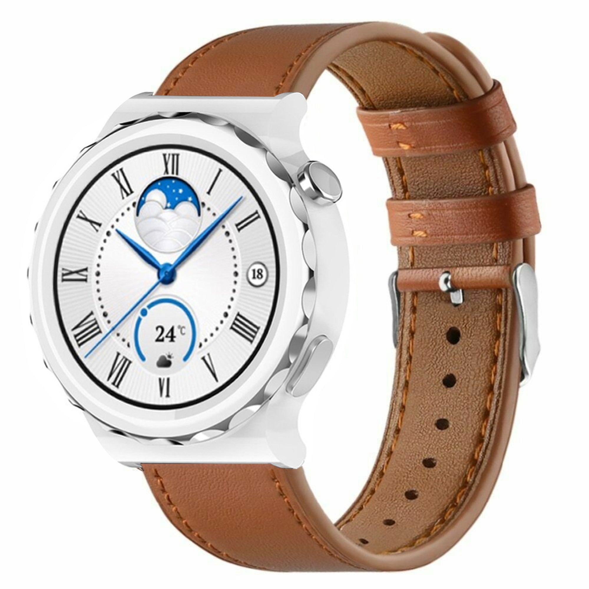 Modern Leather Strap, on a watch, 3/4 front view