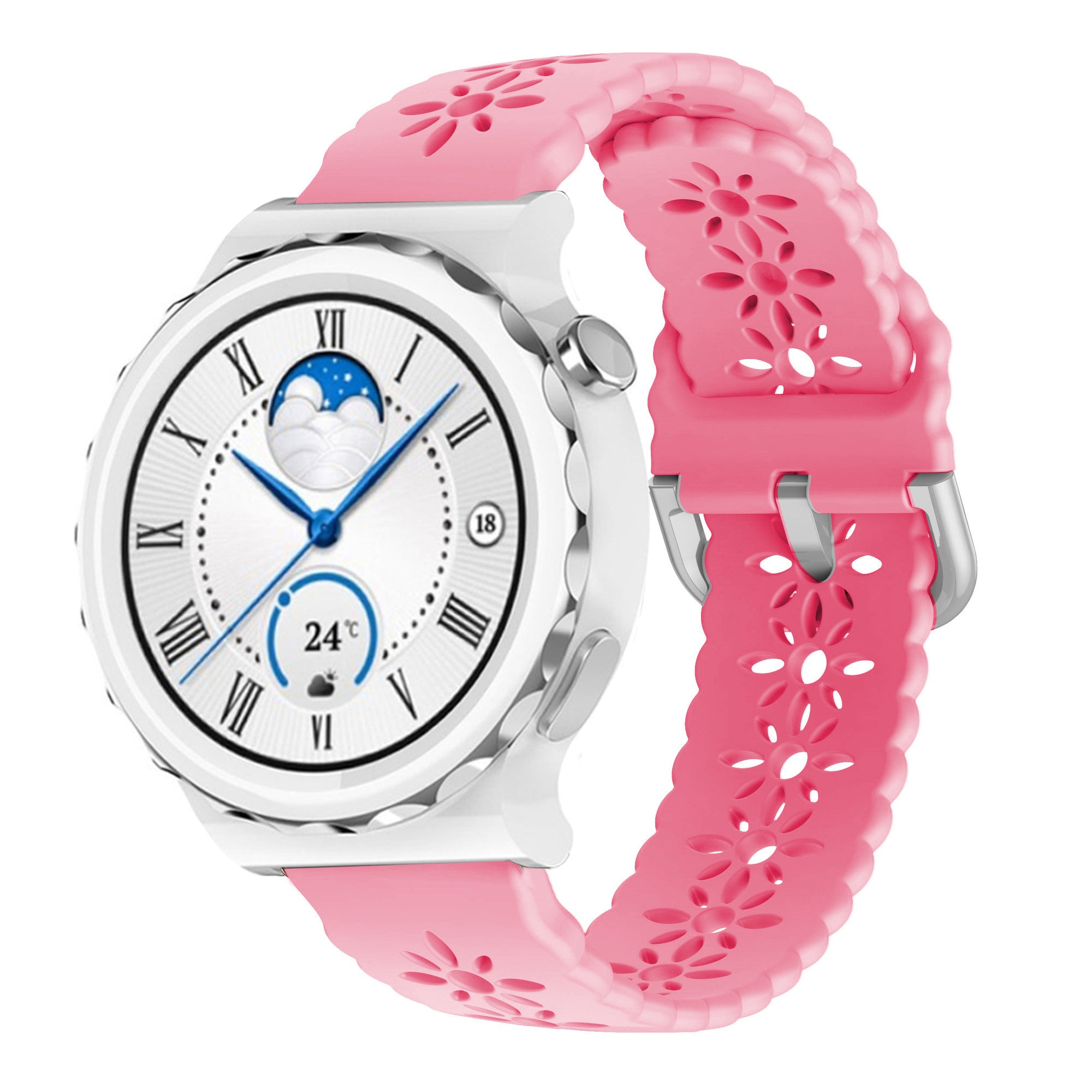 Patterned Silicone Strap, bright pink, on a watch, 3/4 front view