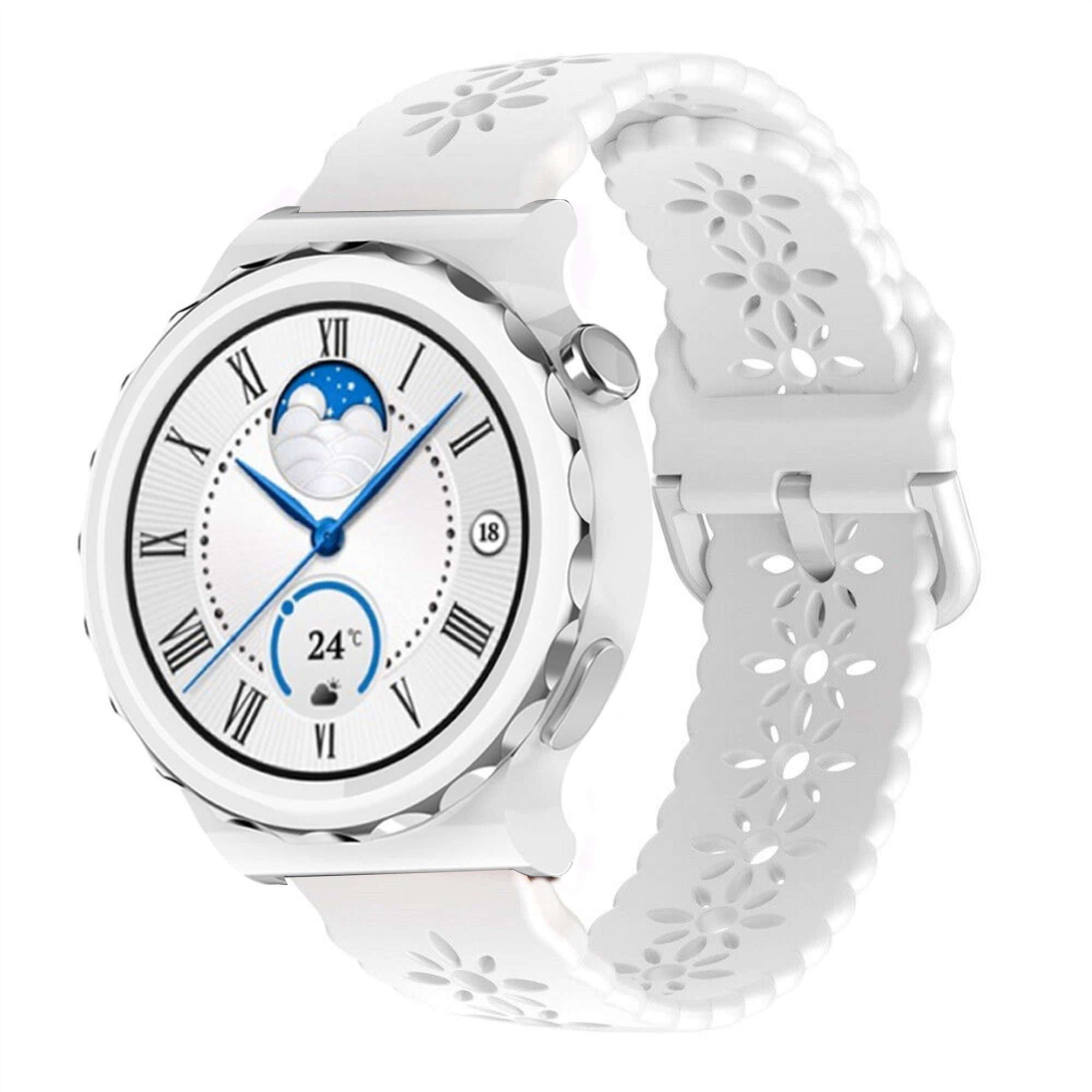 Patterned Silicone Strap, white, on a watch, 3/4 front view