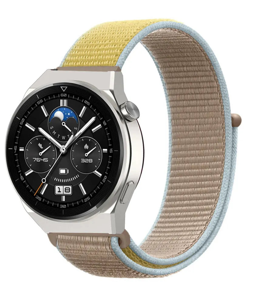 Nylon Strap, camel, on a watch, 3/4 front view