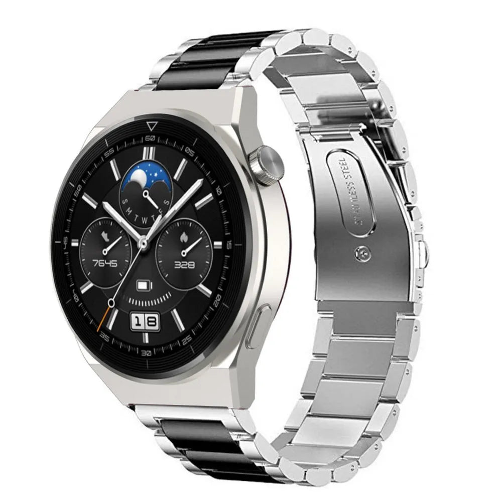 Steel Strap, silver/black, on a watch, 3/4 front view