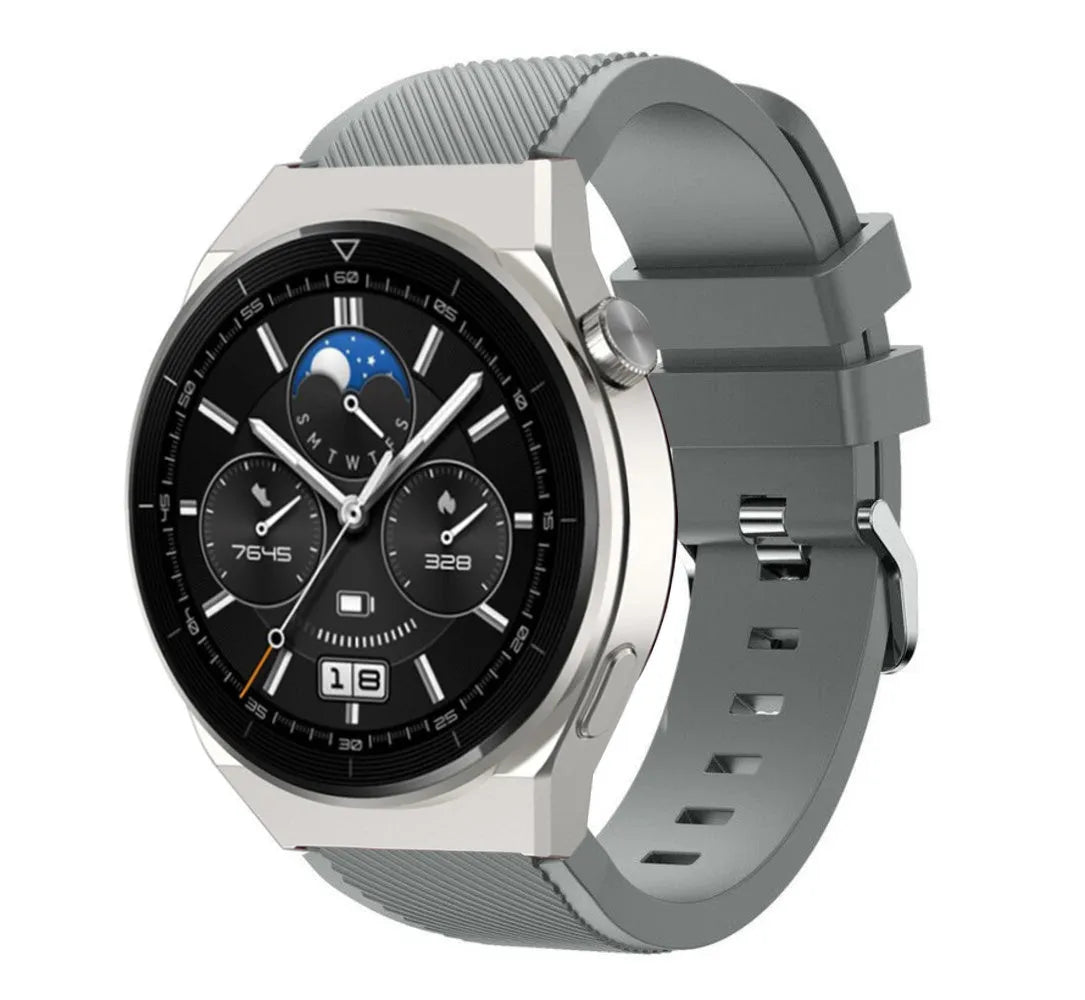 Twill Silicone Strap, grey, on a watch, 3/4 front view
