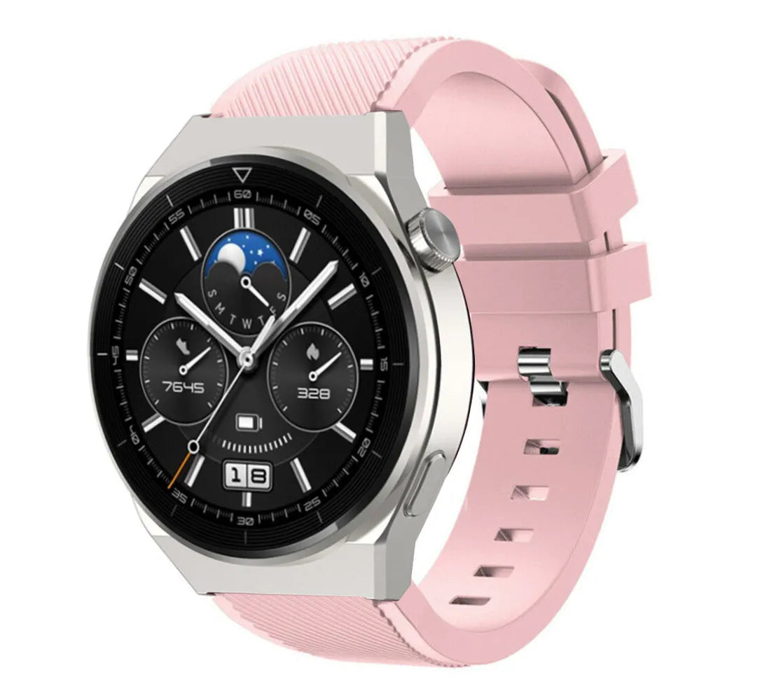 Twill Silicone Strap, pink, on a watch, 3/4 front view
