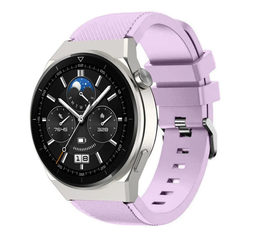 Twill Silicone Strap, lilac, on a watch, 3/4 front view