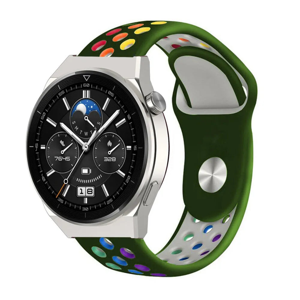 Silicone Sport Strap, army green/colourful, on a watch, 3/4 front view