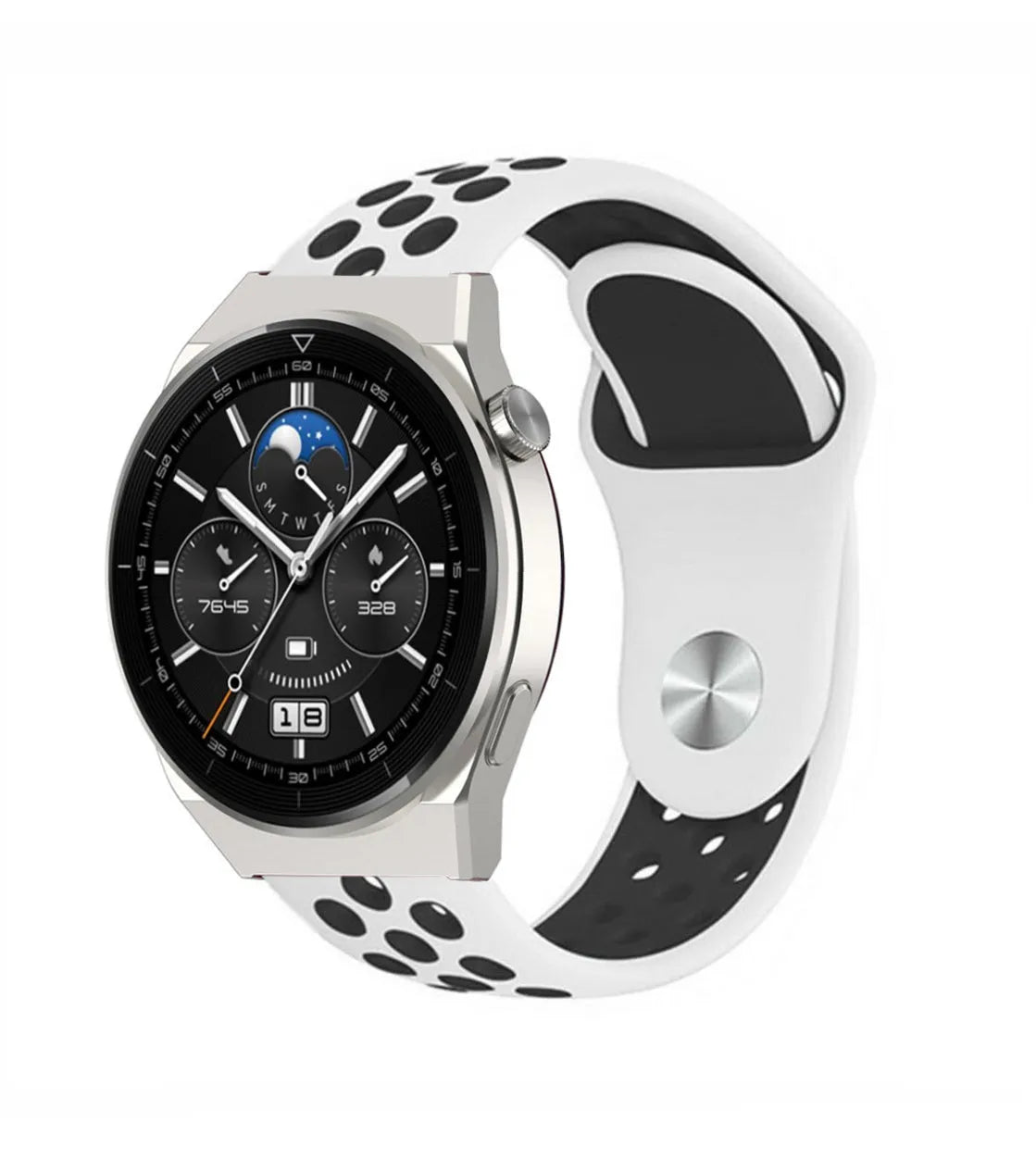 Silicone Sport Strap, white/black, on a watch, 3/4 front view