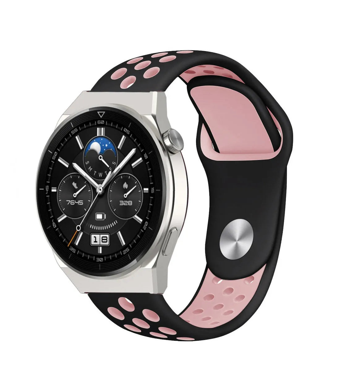 Silicone Sport Strap, black/pink, on a watch, 3/4 front view
