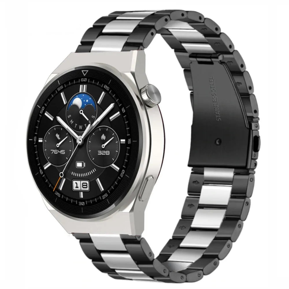 Steel Strap, black/silver, on a watch, 3/4 front view