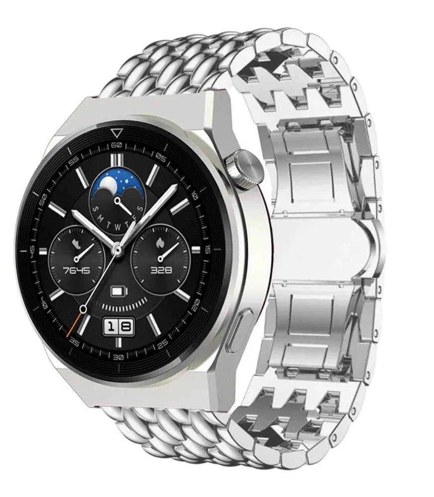 Steel Dragon Strap, silver, on a watch, 3/4 front view