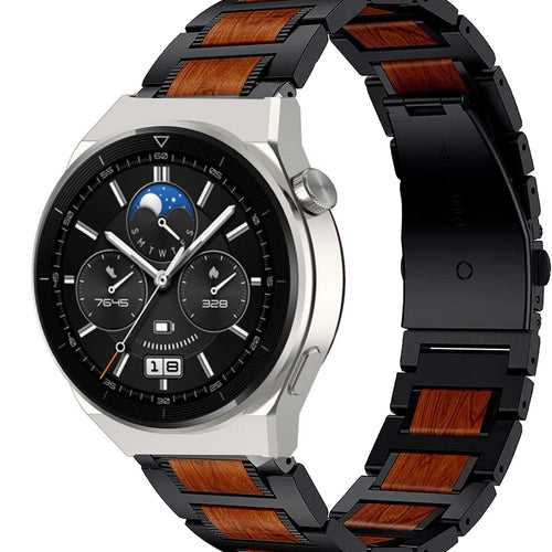 Wood Steel Strap, black, on a watch, 3/4 front view