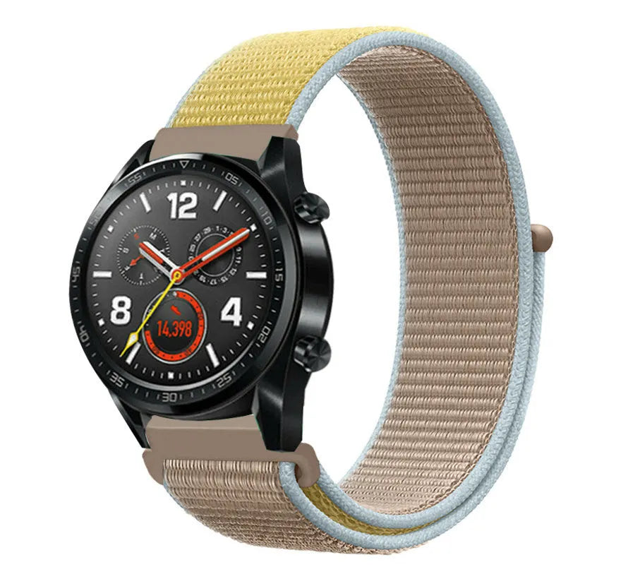 Nylon Strap, camel, on a watch, 3/4 front view
