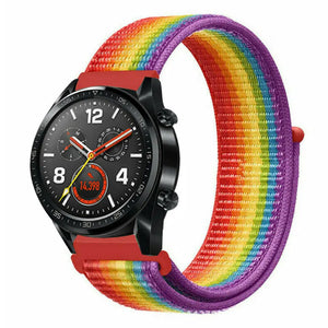 Nylon Strap, rainbow, on a watch, 3/4 front view