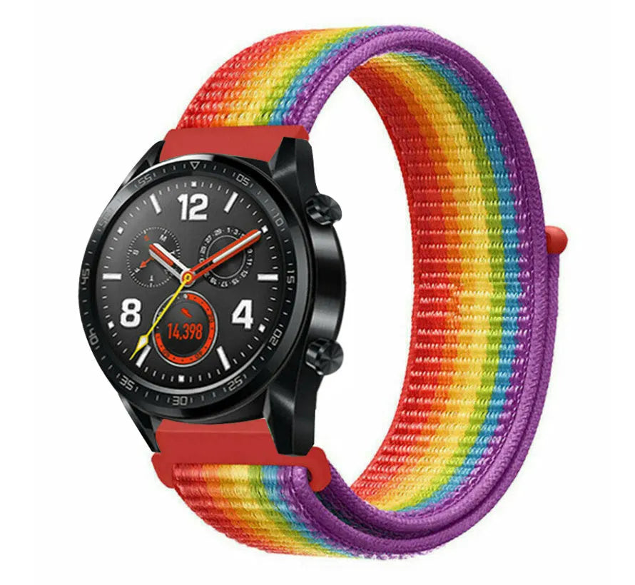 Nylon Strap, rainbow, on a watch, 3/4 front view