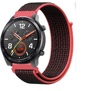 Nylon Strap, black/coral, on a watch, 3/4 front view