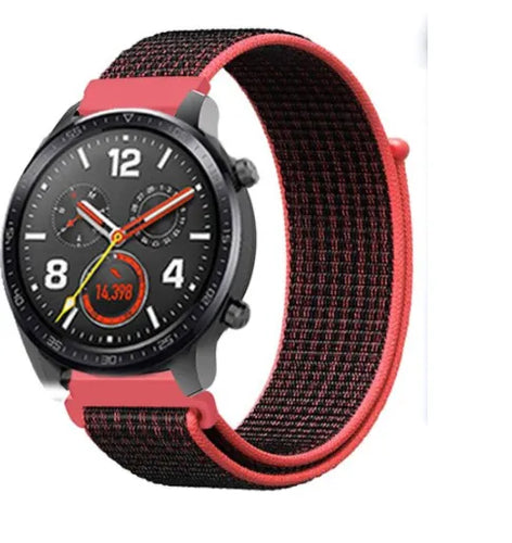 Nylon Strap, black/coral, on a watch, 3/4 front view