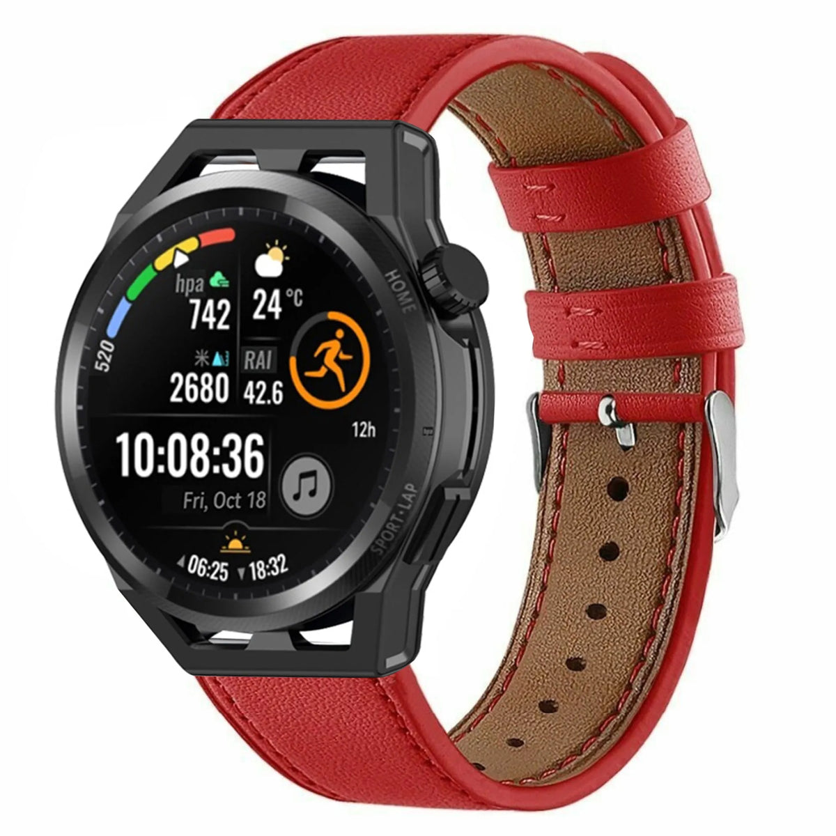 Modern Leather Strap, red, on a watch, 3/4 front view