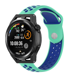 Silicone Sport Strap, aqua/blue, on a watch, 3/4 front view