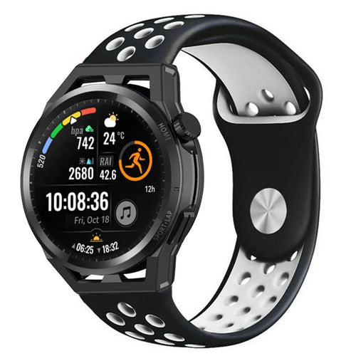 Silicone Sport Strap, black/white, on a watch, 3/4 front view