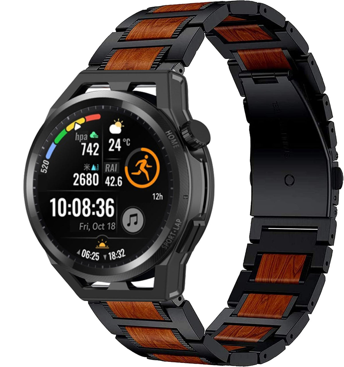 Wood Steel Strap, black, on a watch, 3/4 front view
